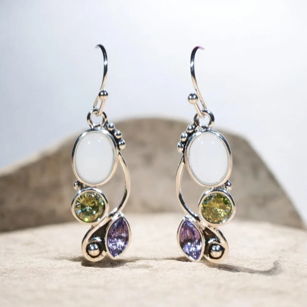Silver Tone Green & Purple CZ Earrings